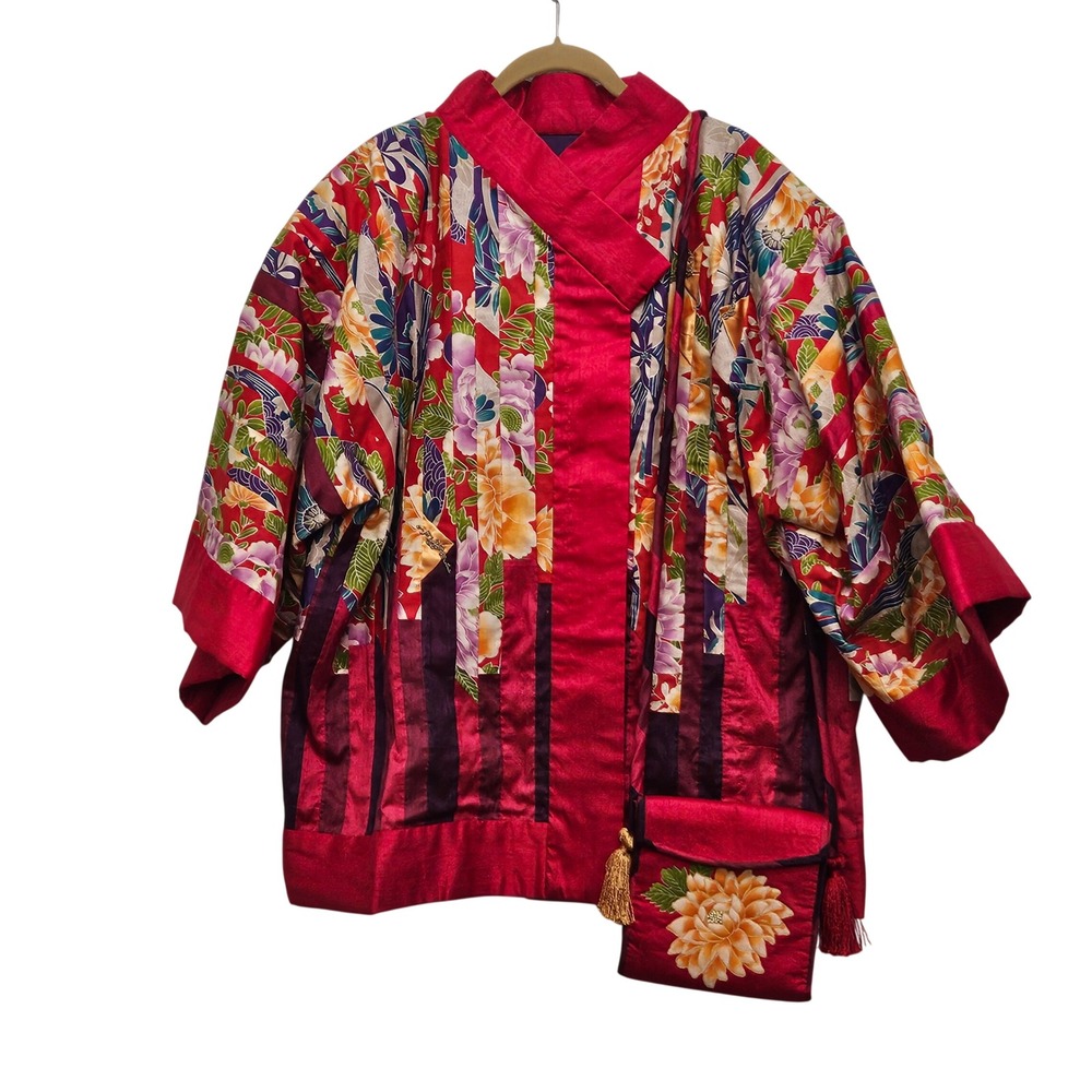 Leilani Bennett Kimono Jacket Set OS Red Silk Floral Patchwork Art Wear Artisan